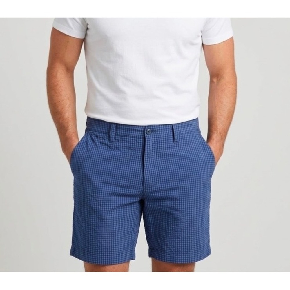 Tommy Hilfiger Mens Blue Gingham Seersucker Shorts Size 42 Flat Front Preppy